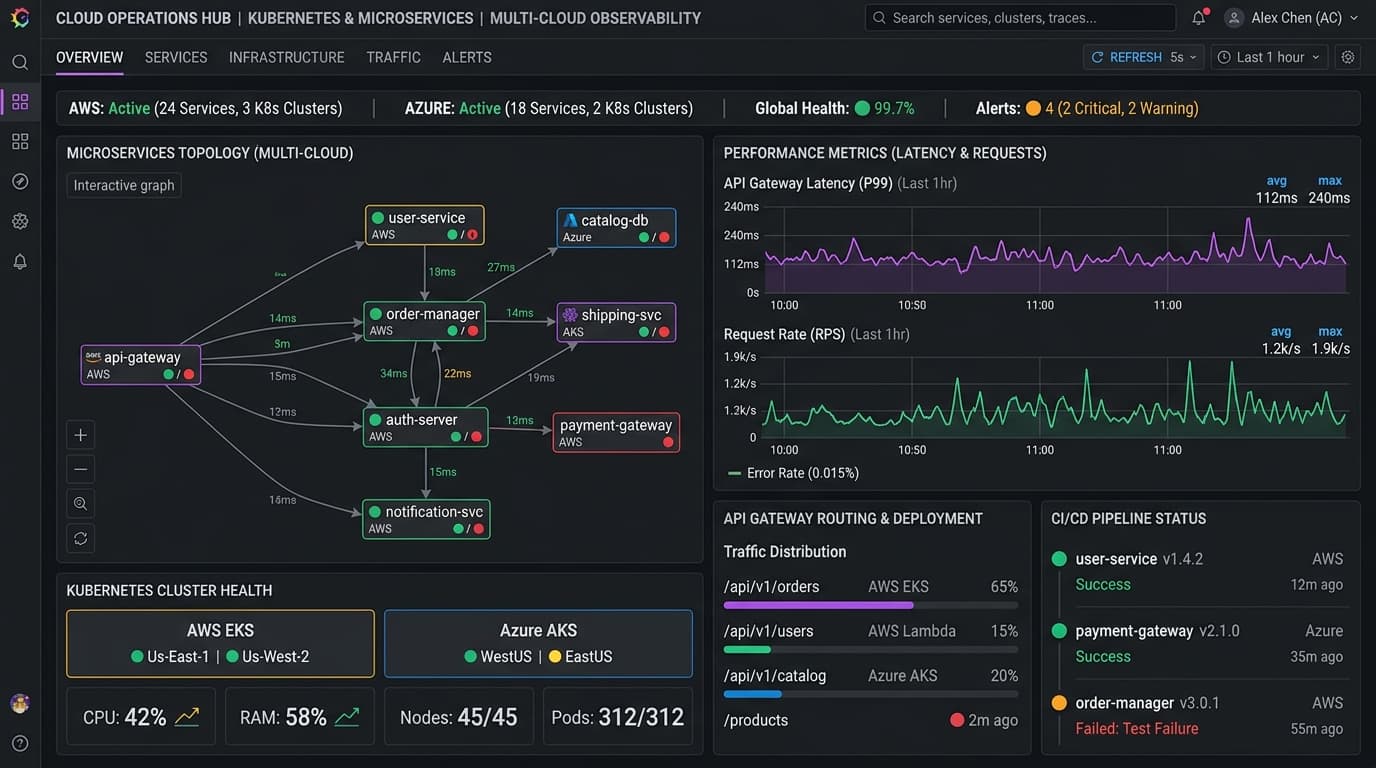 Cloud Operations and Microservices Monitoring dashboard mockup