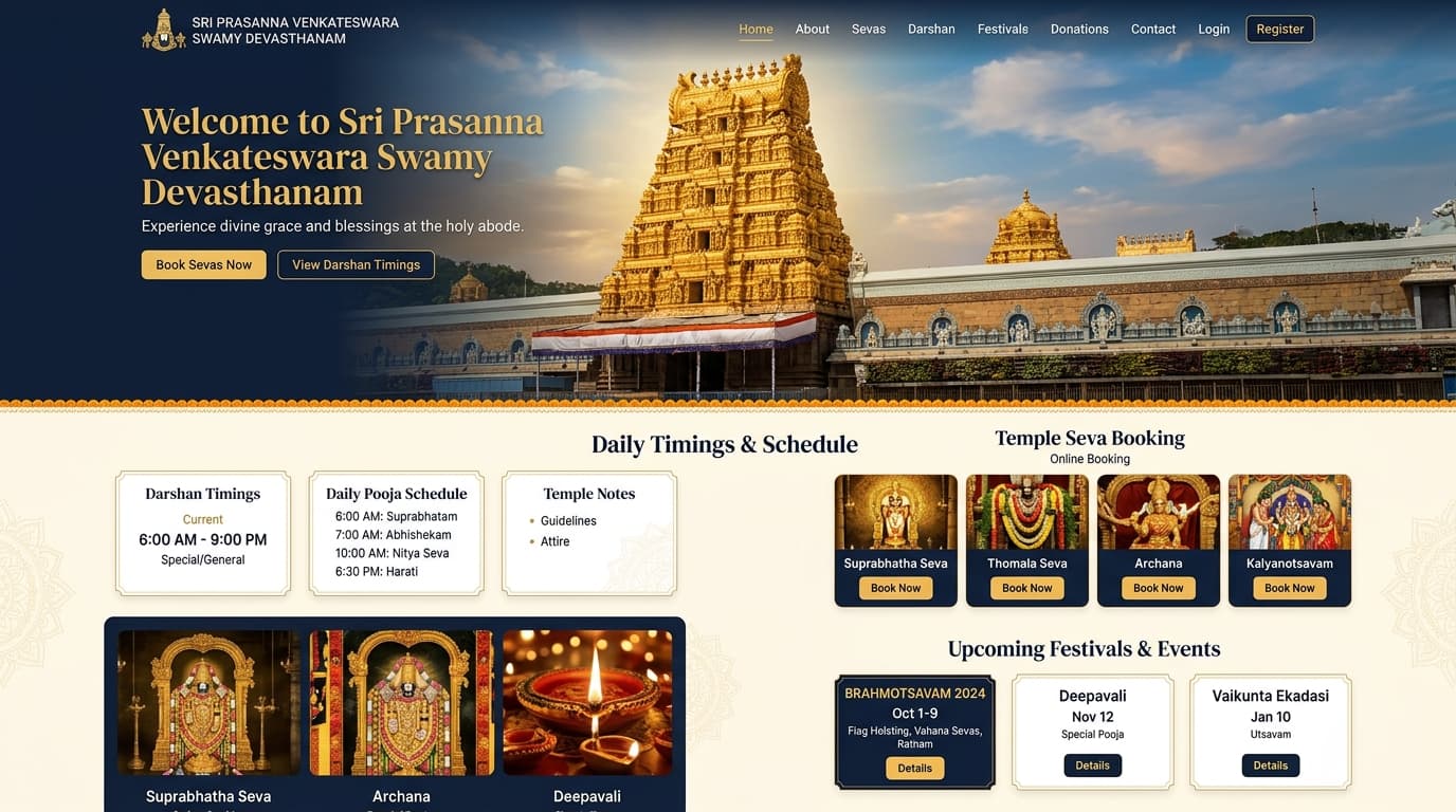 Sri Prasanna Venkateswara Swamy Devasthanam temple website mockup